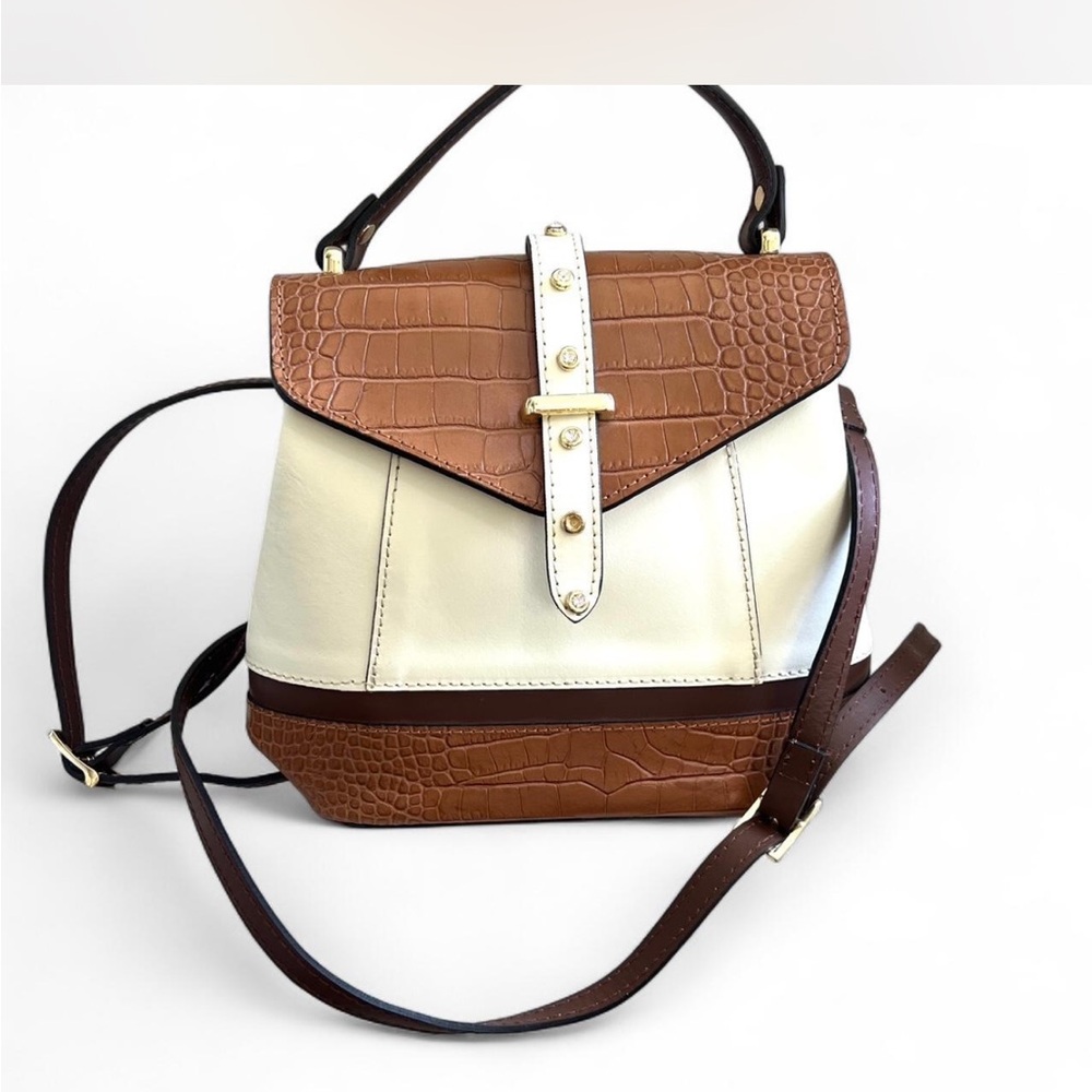 House of Harlow 1960 Cream and Brown Croc-Embossed Top Handle Backpack